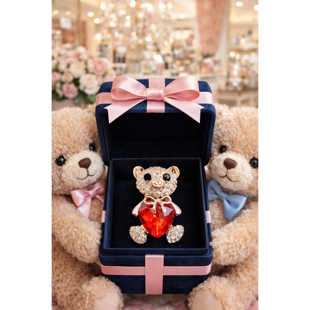 Brooch Rose Gold & Rhinestone‎ Teddy Bear with Red Heart